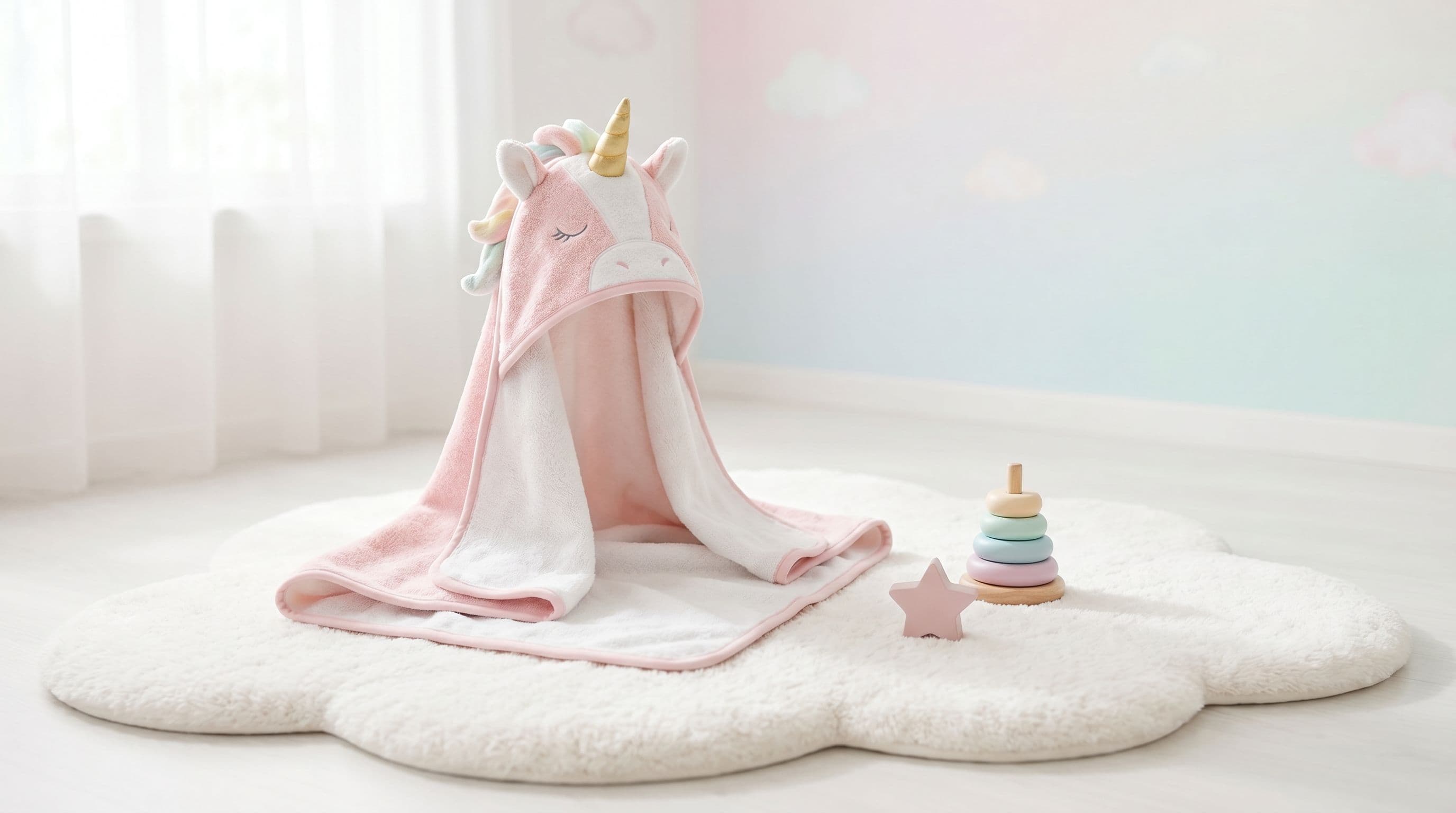 Peignoir-licorne rose détouré sur un tapis nuage cloud-white